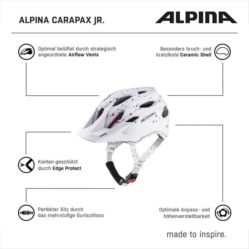 Alpina Carapax Junior gyermek kerékpáros sisak petrol matt - 51-56 cm, White Polka Dots