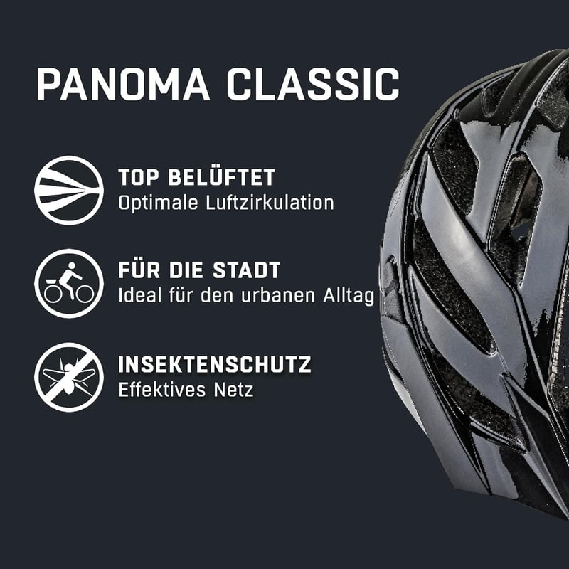 ALPINA PANOMA Classic könnyű kerékpáros sisak szellőzéssel LED fénnyel - 52-57, Black gloss, Gen 2