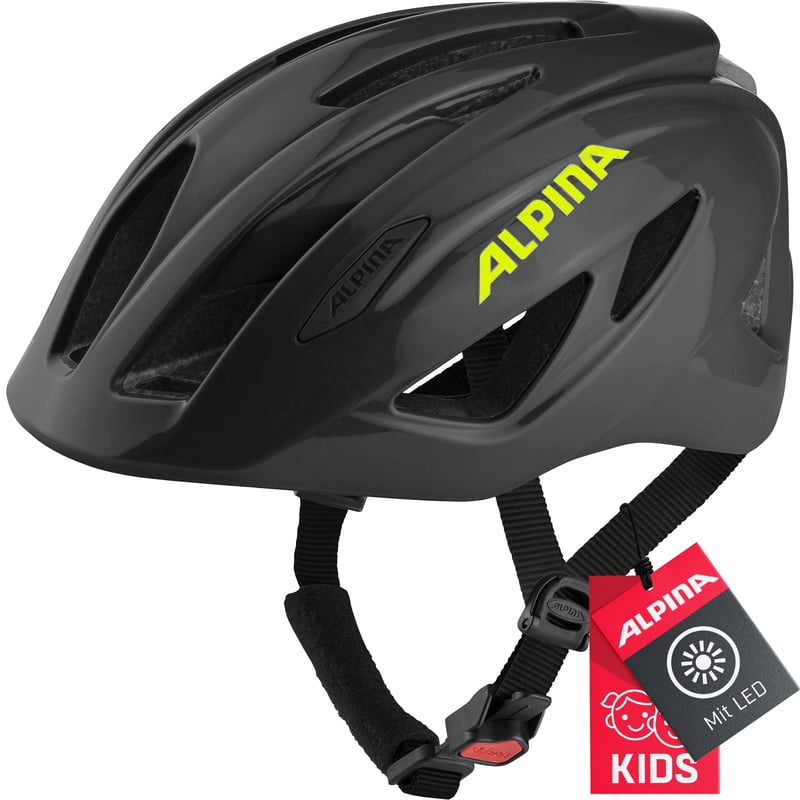 Detská cyklistická prilba ALPINA PICO Flash so zabudovaným svetlom a sieťkou proti hmyzu, čierna-neónová lesklá, 50 – 55 cm