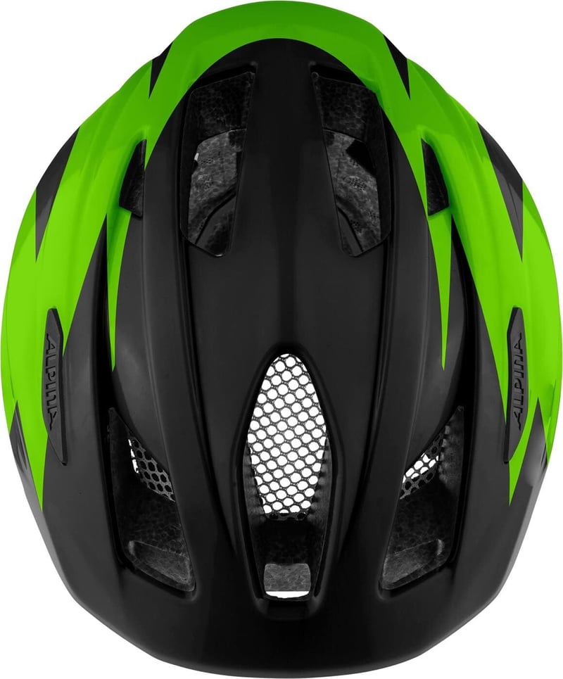Alpina PICO gyerekkerékpár sisak légáramlásos könnyű szellőzéssel és rovarháló - 50-55 cm, Black-Green Gloss