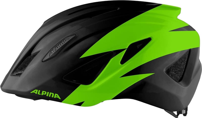 Alpina PICO gyerekkerékpár sisak légáramlásos könnyű szellőzéssel és rovarháló - 50-55 cm, Black-Green Gloss