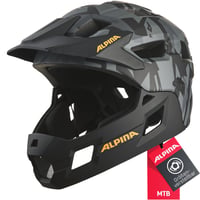 Detská celotvárová cyklistická prilba ALPINA Rupi – čierna/maskáčová oranžová matná, 50-55 cm, odnímateľný chránič brady, nastaviteľné prispôsobenie, pre začiatočníkov na MTB 1