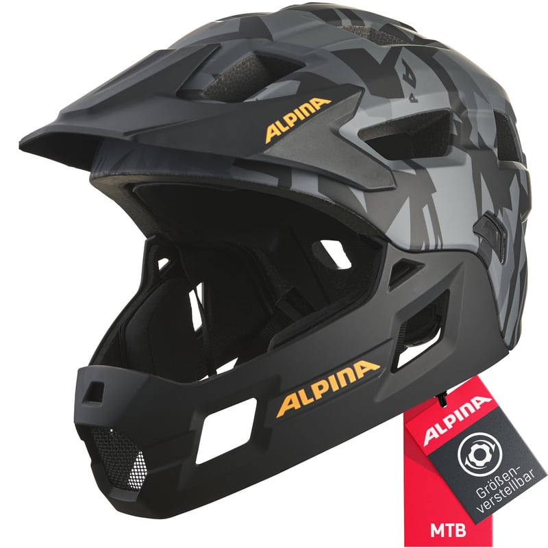 Detská celotvárová cyklistická prilba ALPINA Rupi – čierna/maskáčová oranžová matná, 50-55 cm, odnímateľný chránič brady, nastaviteľné prispôsobenie, pre začiatočníkov na MTB