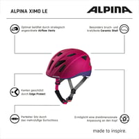Detská cyklistická prilba ALPINA Ximo L.E., matná tmavoružová-fialová, obvod hlavy 45-49 cm, s voliteľným LED svetlom, ľahká a odolná proti rozbitiu 8