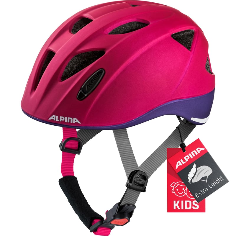 Detská cyklistická prilba ALPINA Ximo L.E., matná tmavoružová-fialová, obvod hlavy 45-49 cm, s voliteľným LED svetlom, ľahká a odolná proti rozbitiu