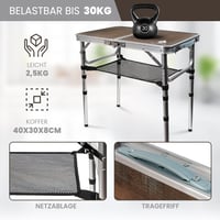 ALPINEZ Kempingový stôl 60x40 cm Skladací Výškovo nastaviteľný Hnedý | Vonkajší piknikový stôl Balkónový grilovací stôl Kompaktný Ľahký 4