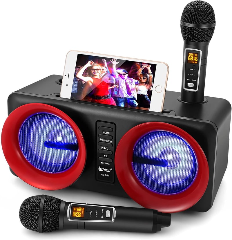 ALPOWL Hordozható Karaoke Gép 2 Mikrofonnal, Színes LED Fényekkel, PA Hangszóró Rendszer Buli Party Esküvő Piknik - Fekete