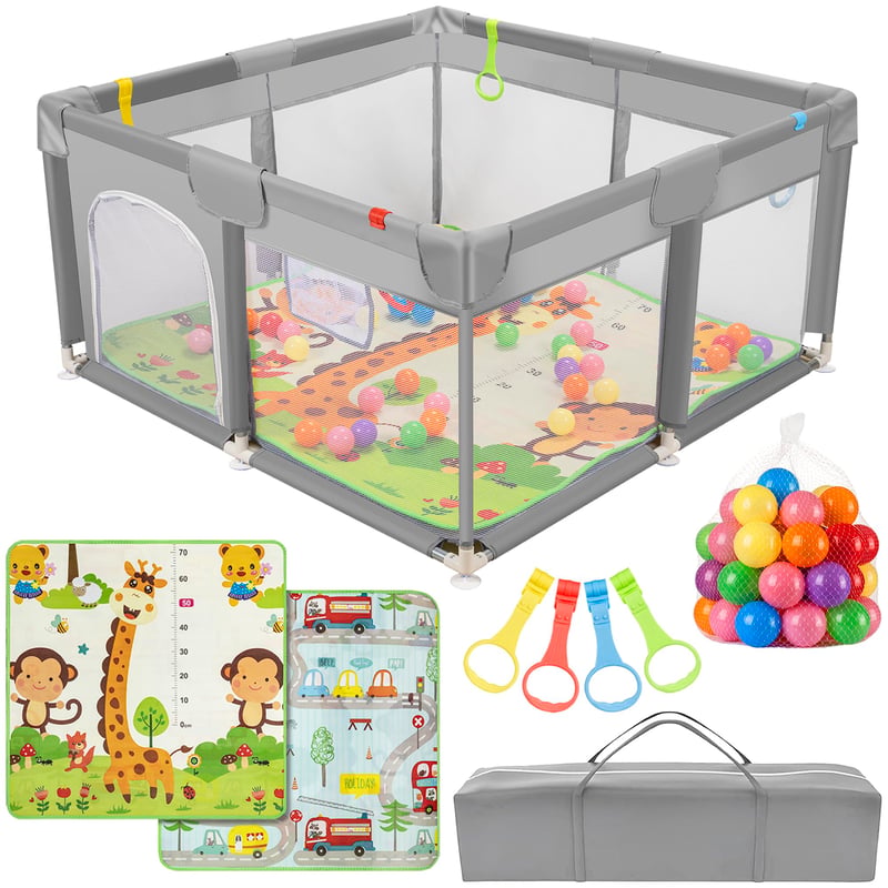 Altaudia dječja ogradica 120x120 cm siva s podlogom za igru, 50 loptica, torbom i prozračnom mrežicom – igralište za bebe