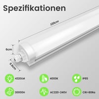 ALUSSO 2 kom LED svjetiljka za vlažne prostorije 120 cm, 36W 4320LM, 4000K IP65 vodootporna stropna svjetiljka za garažu, podrum, kupaonicu, radionicu, ured 2