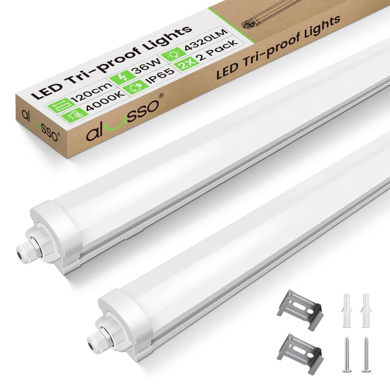 ALUSSO 2 kom LED svjetiljka za vlažne prostorije 120 cm, 36W 4320LM, 4000K IP65 vodootporna stropna svjetiljka za garažu, podrum, kupaonicu, radionicu, ured