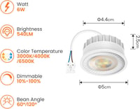 ALUSSO 6W LED Modul, Lapos GU10 és MR16 Helyettesítő, 3000K/4000K/6500K Állítható Színhőmérséklet, IP44 Vízálló Süllyesztett Spotlámpa, 6db 2