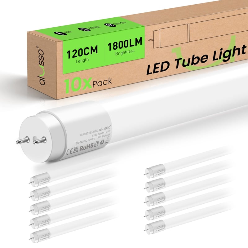 Alusso LED žiarivka 120 cm 18W T8 6000K studená biela, balenie 10 ks, pätica G13, 1800LM, uhol vyžarovania 210°, pre kancelárie, garáže, sklady