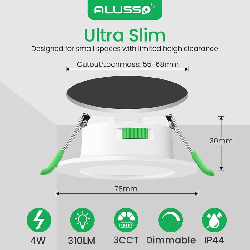 ALUSSO LED Süllyesztett Spotlámpa Szett, 230V, 4W, Szabályozható, Ultra Lapos, 310Lm, IP44, 3 Színhőmérséklet, Fürdőszobába, Nappaliba, 6db