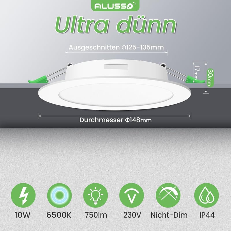 ALUSSO LED Süllyesztett Spotlámpa Szett, 6db, 10W, 750lm, Hideg Fehér 6500K, IP44 Vízálló, Fürdőszobába, Konyhába, 30mm Ultravékony, 125-135