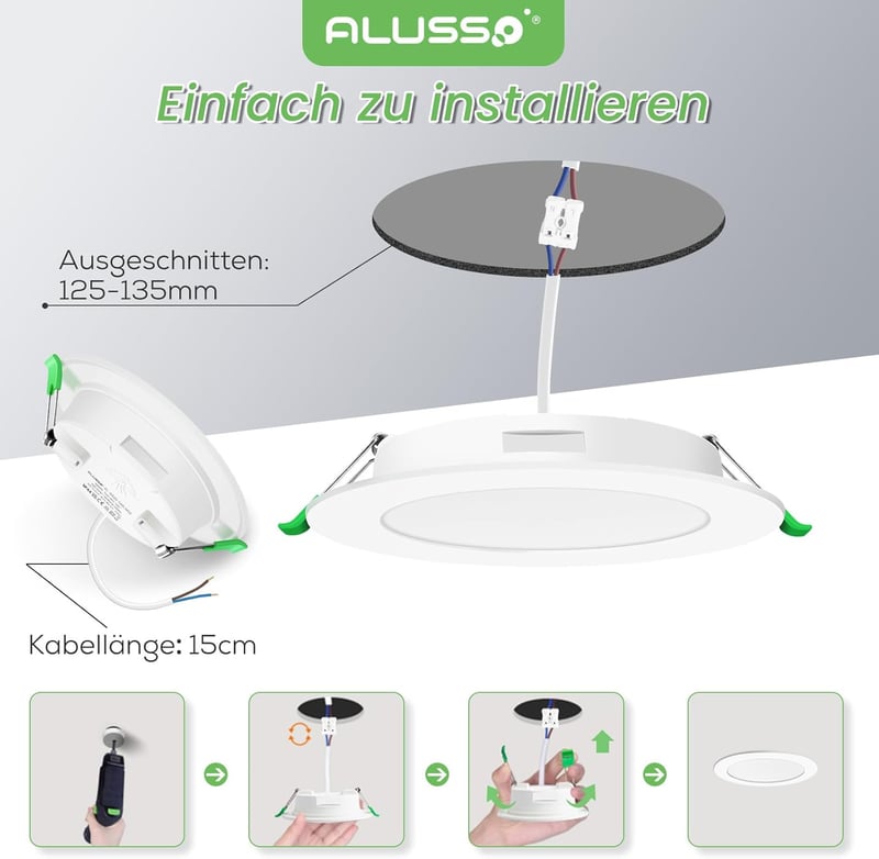 ALUSSO LED Süllyesztett Spotlámpa Szett, 6db, 10W, 750lm, Hideg Fehér 6500K, IP44 Vízálló, Fürdőszobába, Konyhába, 30mm Ultravékony, 125-135