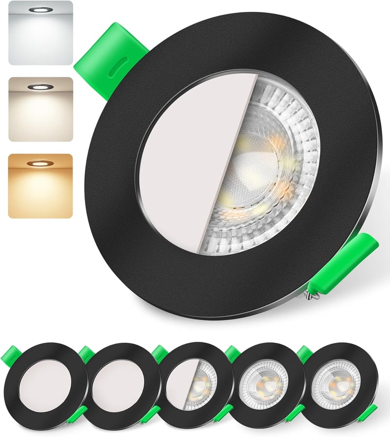 ALUSSO LED Süllyesztett Spotlámpa Szett - 6db Fekete Kerek IP44 Vízálló Lámpa 3 Színhőmérséklettel, Szabályozható, Konyha, Fürdő