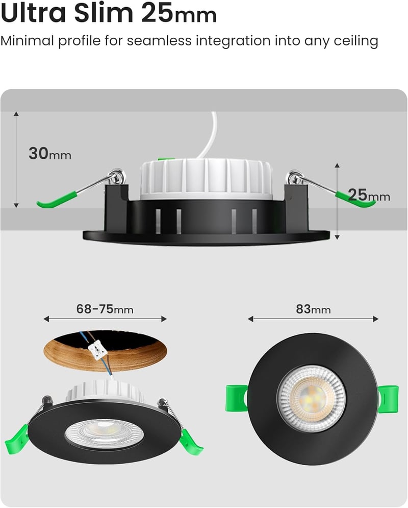 ALUSSO LED Süllyesztett Spotlámpa Szett - 6db Fekete Kerek IP44 Vízálló Lámpa 3 Színhőmérséklettel, Szabályozható, Konyha, Fürdő