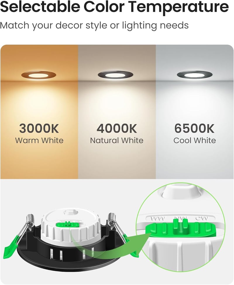 ALUSSO LED Süllyesztett Spotlámpa Szett - 6db Fekete Kerek IP44 Vízálló Lámpa 3 Színhőmérséklettel, Szabályozható, Konyha, Fürdő