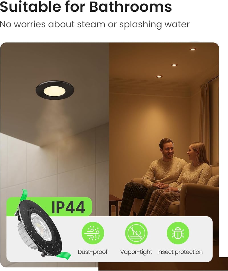 ALUSSO LED Süllyesztett Spotlámpa Szett - 6db Fekete Kerek IP44 Vízálló Lámpa 3 Színhőmérséklettel, Szabályozható, Konyha, Fürdő