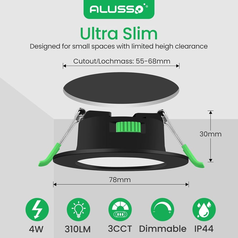 ALUSSO LED Süllyesztett Spotlámpa Szett 6db - Fekete, Lapos, IP44, Fényerőszabályozható, 230V, 4W, 3 Színhőmérséklet, Fürdőszobai