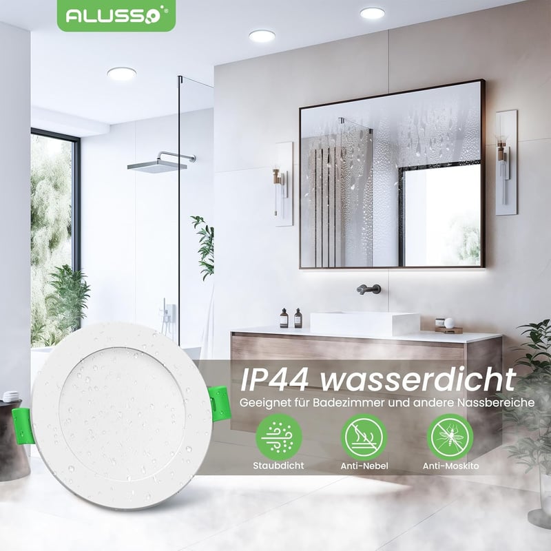 ALUSSO LED Süllyesztett Spotlámpa Szett, 6db, IP44 Vízálló, 5W, 350LM, 6500K Hideg Fehér, 30mm Ultra Lapos, Fürdőszobai Mennyezeti Világítás