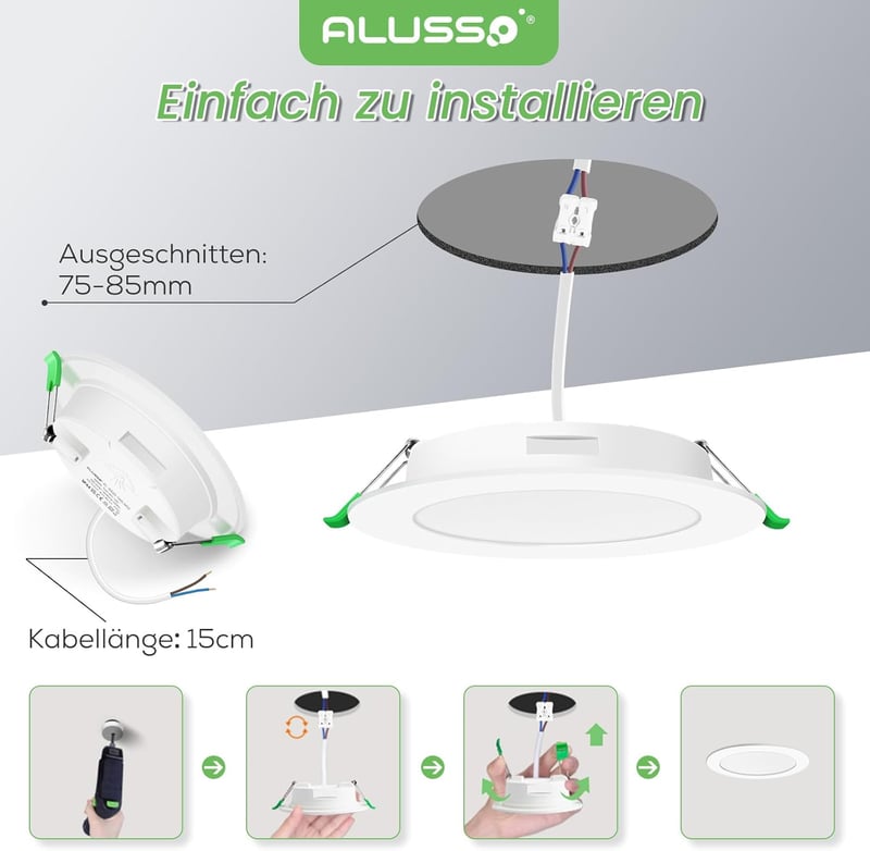 ALUSSO LED Süllyesztett Spotlámpa Szett, 6db, IP44 Vízálló, 5W, 350LM, 6500K Hideg Fehér, 30mm Ultra Lapos, Fürdőszobai Mennyezeti Világítás