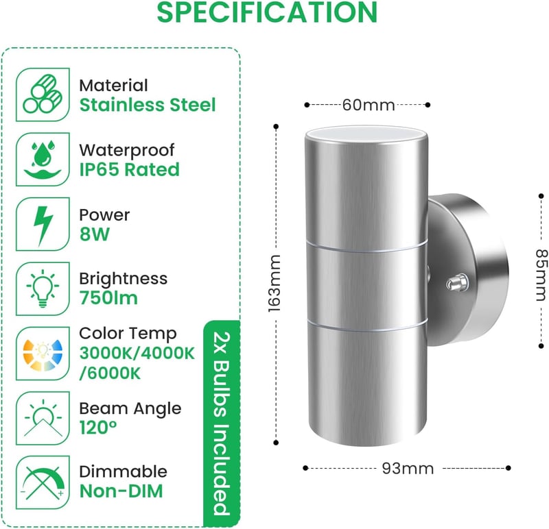 ALUSSO LIGHTING LED Fali Lámpa Kültéri Rozsdamentes Acél Up Down 2x8W GU10 IP65