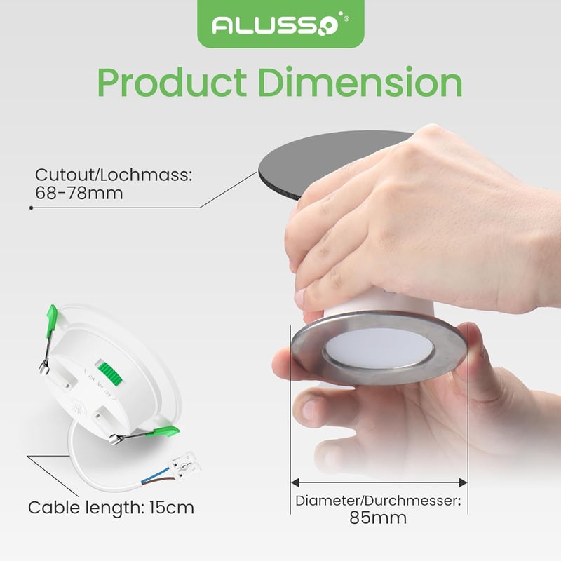 ALUSSO Süllyesztett LED Spotlámpa 230V 5W 440LM Szabályozható Fényerő 3 Színhőmérséklet IP44 Kerek Mennyezeti Világítás Fürdőszobába Konyháb