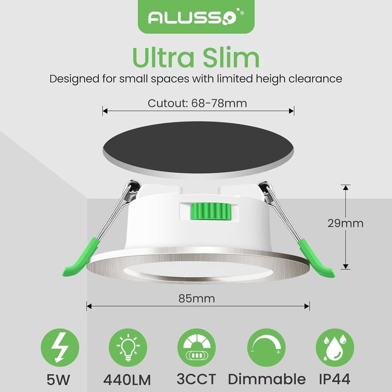 ALUSSO Süllyesztett LED Spotlámpa 230V 5W 440LM Szabályozható Fényerő 3 Színhőmérséklet IP44 Kerek Mennyezeti Világítás Fürdőszobába Konyháb