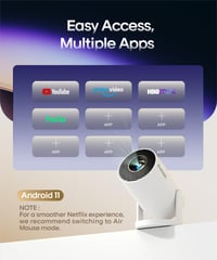 Alwtniet 4K Mini Projektor Android 11.0 - 200 ANSI Lumen Hordozható Kivetítő 5G WiFi 6 Bluetooth 5.0 Automatikus Trapézkorrekció 180° Forgat 5