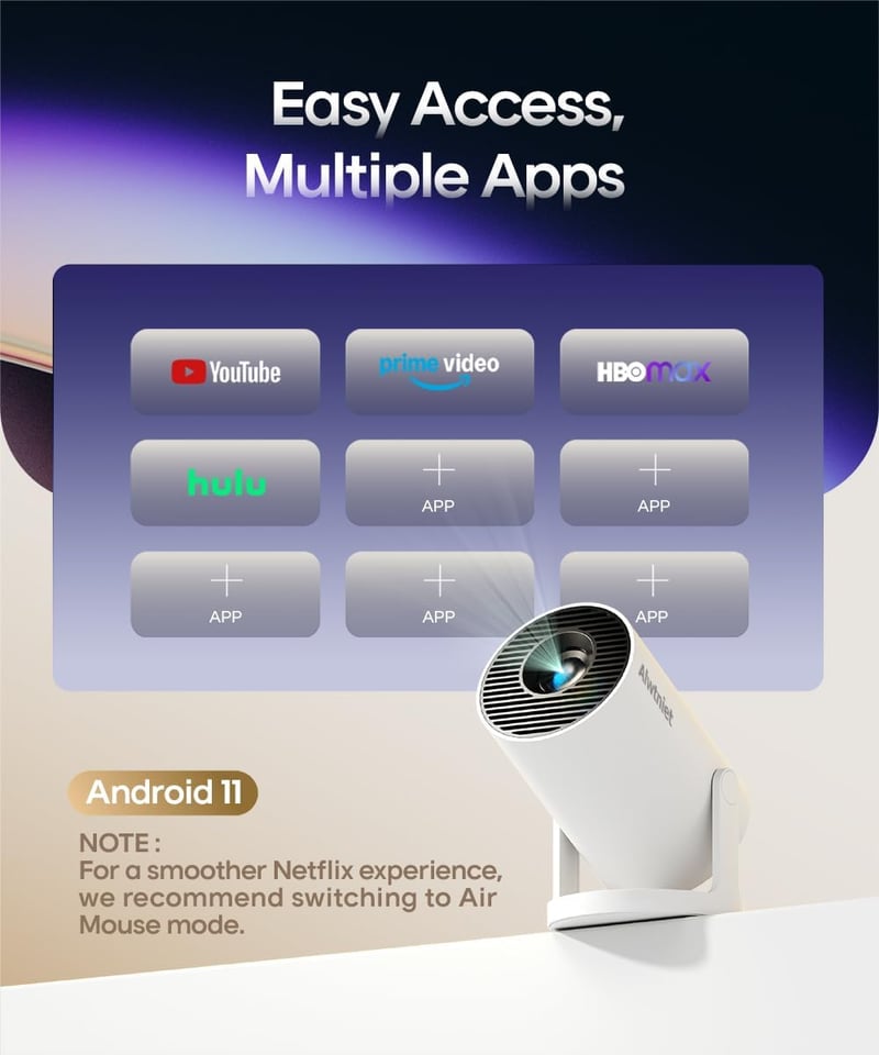 Alwtniet 4K Mini Projektor Android 11.0 - 200 ANSI Lumen Hordozható Kivetítő 5G WiFi 6 Bluetooth 5.0 Automatikus Trapézkorrekció 180° Forgat