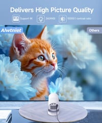 Prenosný mini projektor Alwtniet s technológiou WiFi 6 a Bluetooth 5.4, podpora 4K, elektrické zaostrovanie, otáčanie o 180°, 5W reproduktor, inteligentné domáce kino 3