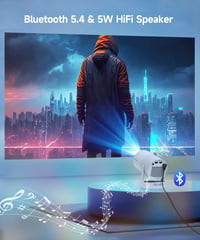 Prenosný mini projektor Alwtniet s technológiou WiFi 6 a Bluetooth 5.4, podpora 4K, elektrické zaostrovanie, otáčanie o 180°, 5W reproduktor, inteligentné domáce kino 5