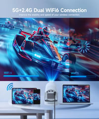Prenosný mini projektor Alwtniet s technológiou WiFi 6 a Bluetooth 5.4, podpora 4K, elektrické zaostrovanie, otáčanie o 180°, 5W reproduktor, inteligentné domáce kino 4