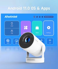 Prenosný mini projektor Alwtniet s technológiou WiFi 6 a Bluetooth 5.4, podpora 4K, elektrické zaostrovanie, otáčanie o 180°, 5W reproduktor, inteligentné domáce kino 2