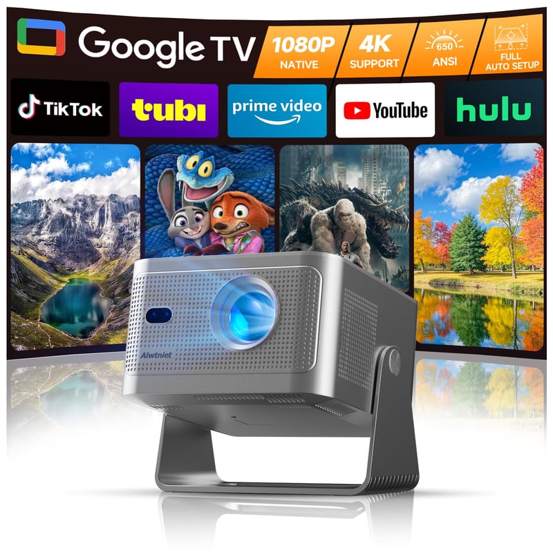 Mini projektor Alwtniet s podporou 4K, Google TV, natívnym rozlíšením 1080P, svietivosťou 650 ANSI lúmenov, prenosný projektor na domáce kino