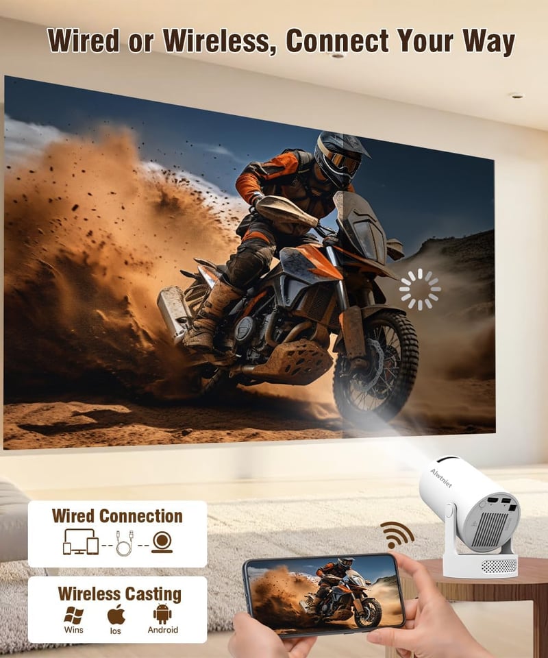 Alwtniet Mini Projektor 4K Wi-Fi 6 Bluetooth 5.4 Hordozható Otthoni Kültéri