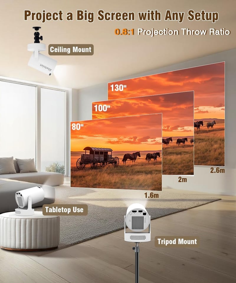 Alwtniet Mini Projektor 4K Wi-Fi 6 Bluetooth 5.4 Hordozható Otthoni Kültéri