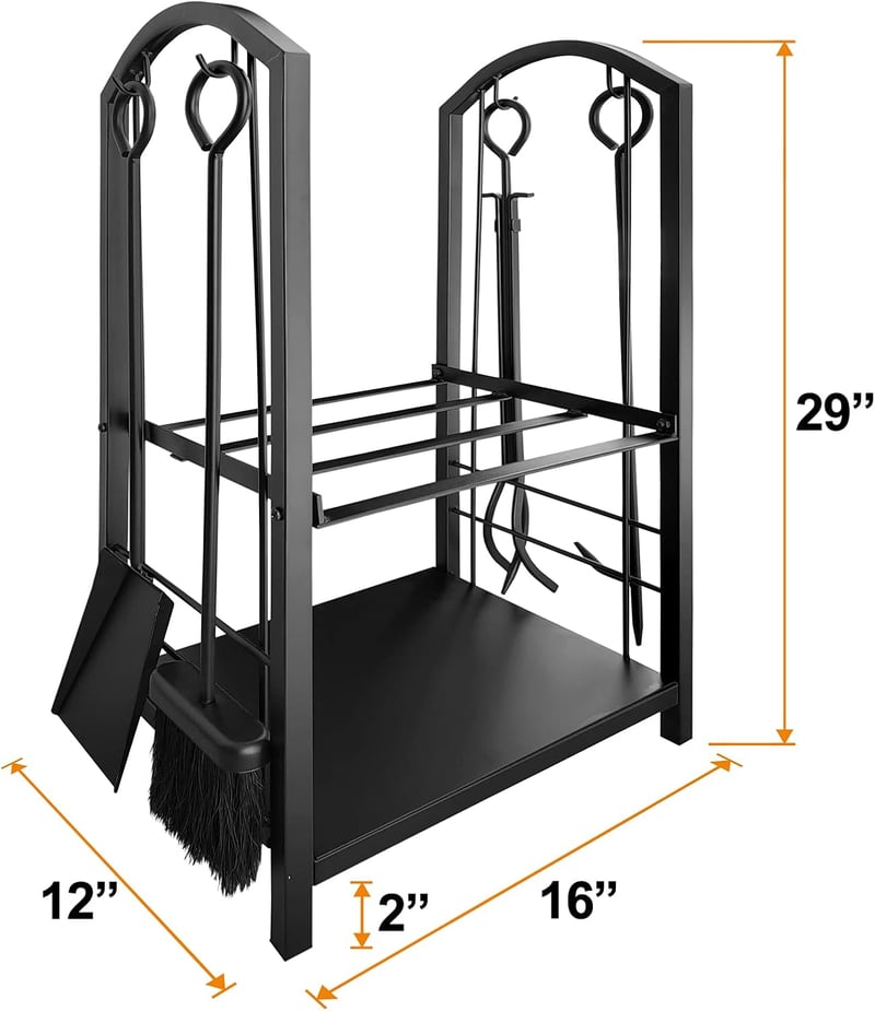 Amagabeli Firewood Rack, Indoor Firewood Rack with 4 Fireplace Tools, 74 x 40 x 30 cm, Firewood Stand, Firewood Holder for Fireplace, Stove, Cutlery, Wrought Iron, Black