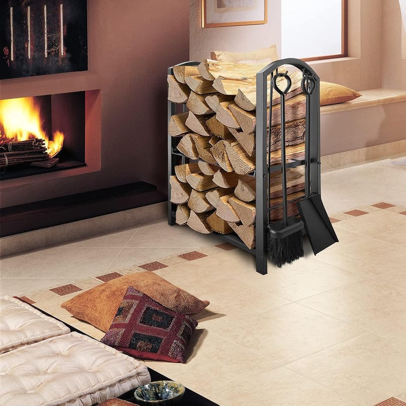 Amagabeli Firewood Rack, Indoor Firewood Rack with 4 Fireplace Tools, 74 x 40 x 30 cm, Firewood Stand, Firewood Holder for Fireplace, Stove, Cutlery, Wrought Iron, Black