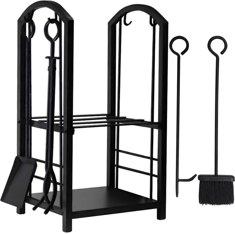 Amagabeli Firewood Rack, Indoor Firewood Rack with 4 Fireplace Tools, 74 x 40 x 30 cm, Firewood Stand, Firewood Holder for Fireplace, Stove, Cutlery, Wrought Iron, Black