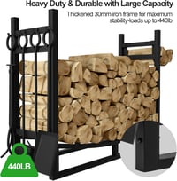 Amagabeli Tűzifa Tartó Állvány 4 Kandallóeszközzel - 90×78×33 cm Beltéri/Kültéri Fém Tűzifarendező Polc Gyújtóstartóval, 12 kg Teherbírású F 3
