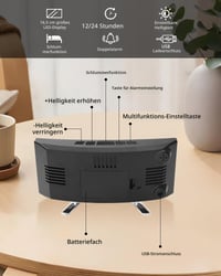 Ceas Deșteptător Digital Amandir pentru Dormitor, Negru, Afișaj LED Curbat Mare, Afișare Dată și Temperatură, Port de Încărcare USB, Luminozitate Reglabilă, Funcție Snooze 7