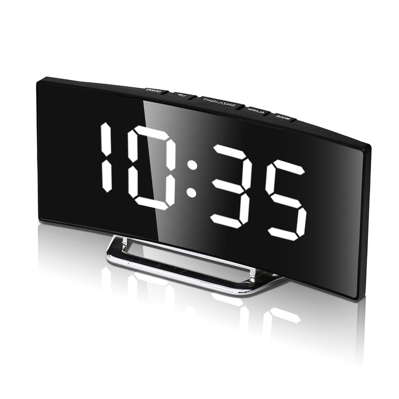 Ceas Deșteptător Digital Amandir pentru Dormitor, Negru, Afișaj LED Curbat Mare, Afișare Dată și Temperatură, Port de Încărcare USB, Luminozitate Reglabilă, Funcție Snooze