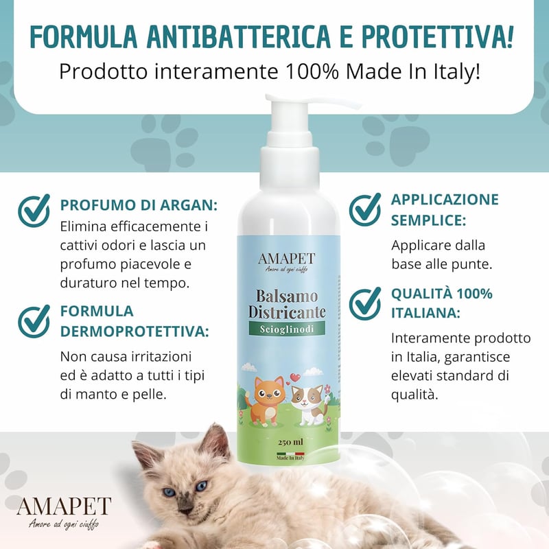AMAPET Csomóbontó Spray Kutyáknak és Macskáknak - Fényesítő Hatású Balzsam Minden Szőrtípusra, Természetes Hipoallergén Összetevőkkel, 250 m - Not applicable.