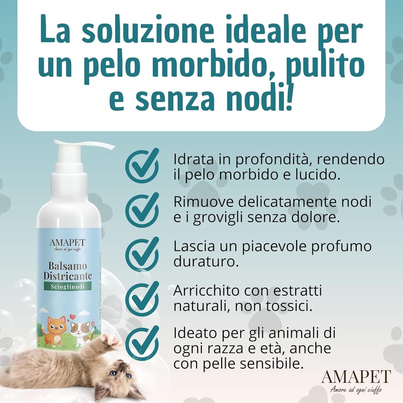 AMAPET Csomóbontó Spray Kutyáknak és Macskáknak - Fényesítő Hatású Balzsam Minden Szőrtípusra, Természetes Hipoallergén Összetevőkkel, 250 m - Not applicable.