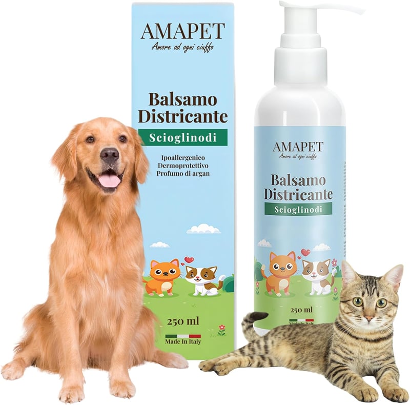 AMAPET Csomóbontó Spray Kutyáknak és Macskáknak - Fényesítő Hatású Balzsam Minden Szőrtípusra, Természetes Hipoallergén Összetevőkkel, 250 m - Not applicable.