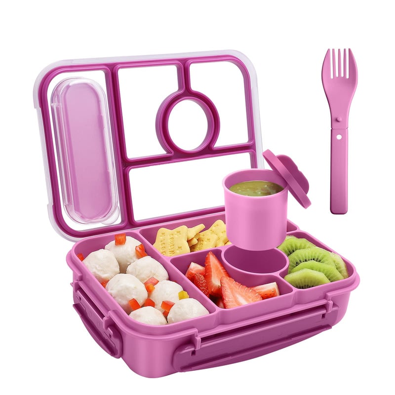 Cutie Bento Amathley pentru copii 1300 ml, recipient pentru gustări cu 5 compartimente și recipiente pentru sos, mov, compatibilă cu microundele și mașina de spălat vase, fără BPA
