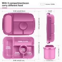 Cutie Bento Amathley pentru copii 1300 ml, recipient pentru gustări cu 5 compartimente și recipiente pentru sos, mov, compatibilă cu microundele și mașina de spălat vase, fără BPA 2