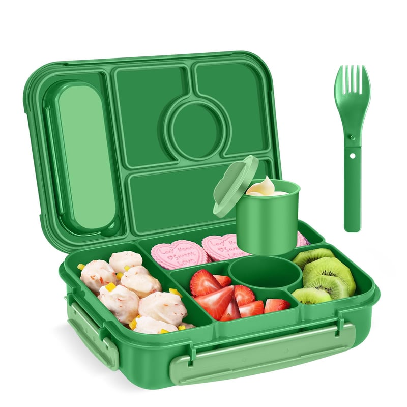 Caserolă Amathley pentru copii și adulți, 1300 ml, 5 compartimente cu recipient pentru sos, compatibilă cu cuptorul cu microunde și mașina de spălat vase, fără BPA, verde smarald